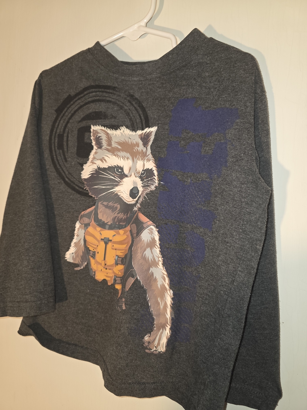 Marvel Gray Long-Sleeve Tee with Rocket Raccoon and Yellow Vest